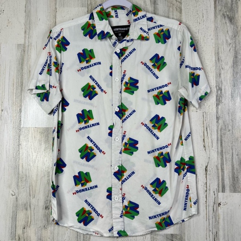 Nintendo 64 Game Mens M Casual Button-Down Shirt All-Over Logo Print 100% Cotton